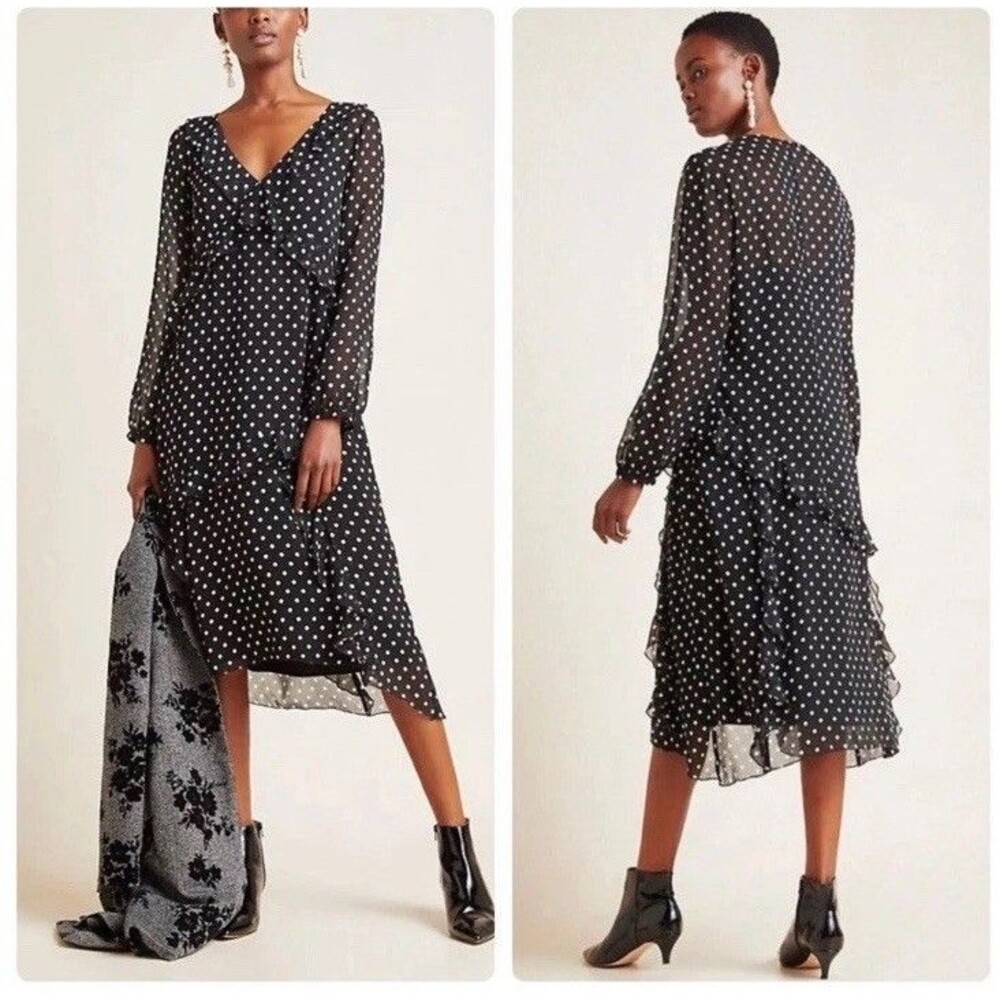 Anthro Maeve Sirena Ruffled Polka Dot Midi Dress XL Black Sheer Chiffon w Slip